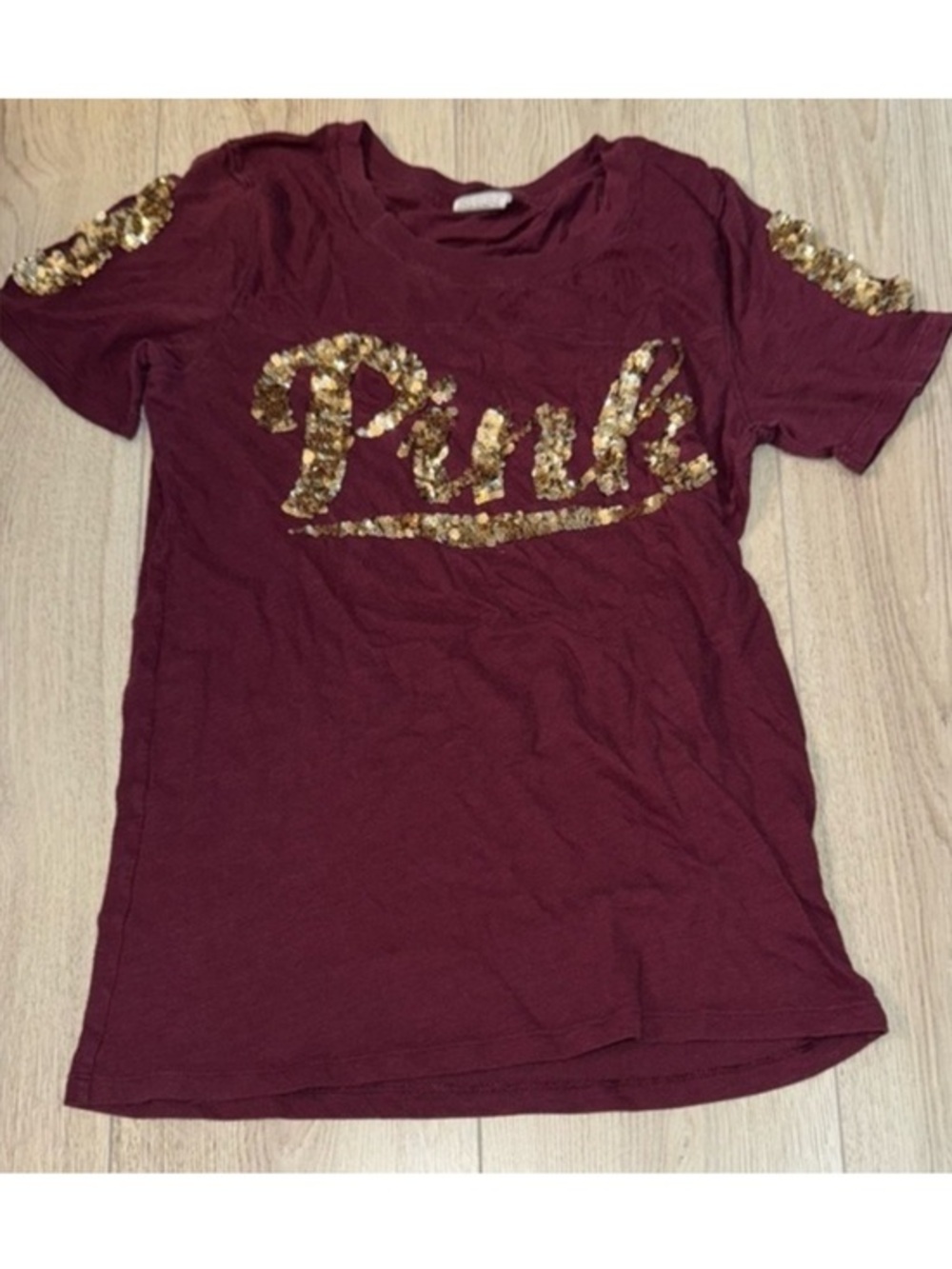 Victoria’s Secret pink maroon purple gold bling sequin short sleeve shirt top